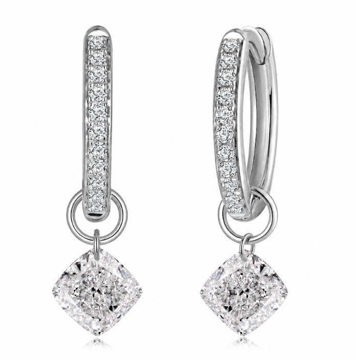 FD214 AE2 925銀/10K金培育鑽石耳環-2顆墊形培育鑽石(共0.99ct)+22顆圓形培育鑽石(共0.12ct)-金重:1.48g