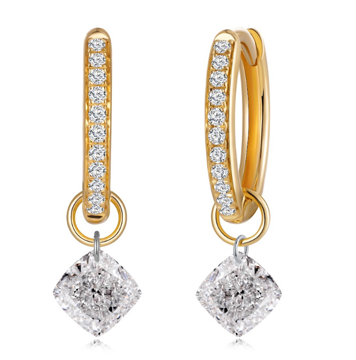 FD214 AE2 925銀/10K金培育鑽石耳環-2顆墊形培育鑽石(共0.99ct)+22顆圓形培育鑽石(共0.12ct)-金重:1.48g