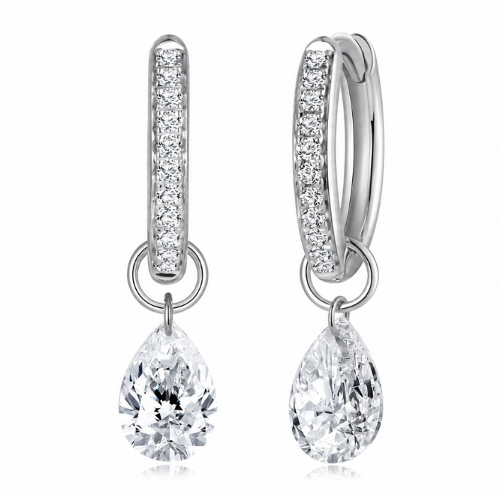 FD215 AE3 925銀/10K金培育鑽石耳環-2顆梨形培育鑽石(共0.99ct)+22顆圓形培育鑽石(共0.12ct)-金重:1.33g