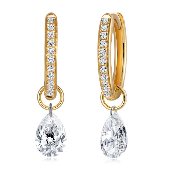 FD215 AE3 925銀/10K金培育鑽石耳環-2顆梨形培育鑽石(共0.99ct)+22顆圓形培育鑽石(共0.12ct)-金重:1.33g