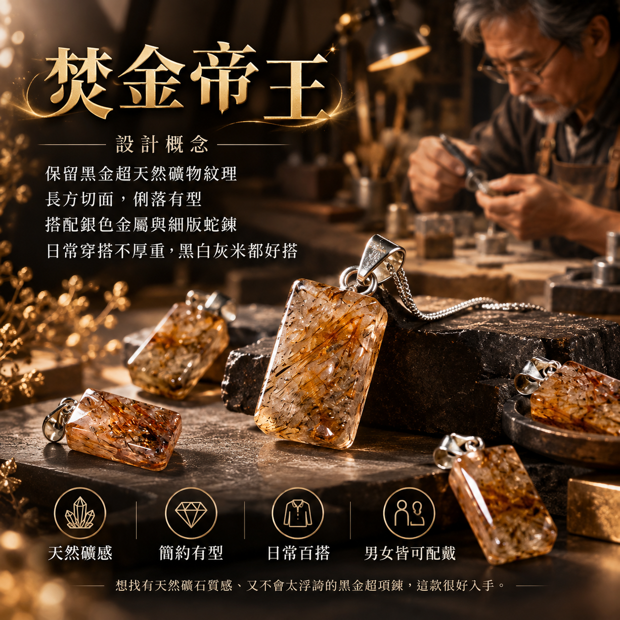 黑金超鎖骨鍊｜焚金帝王天然黑金超吊墜 長方切面設計與職人工藝
