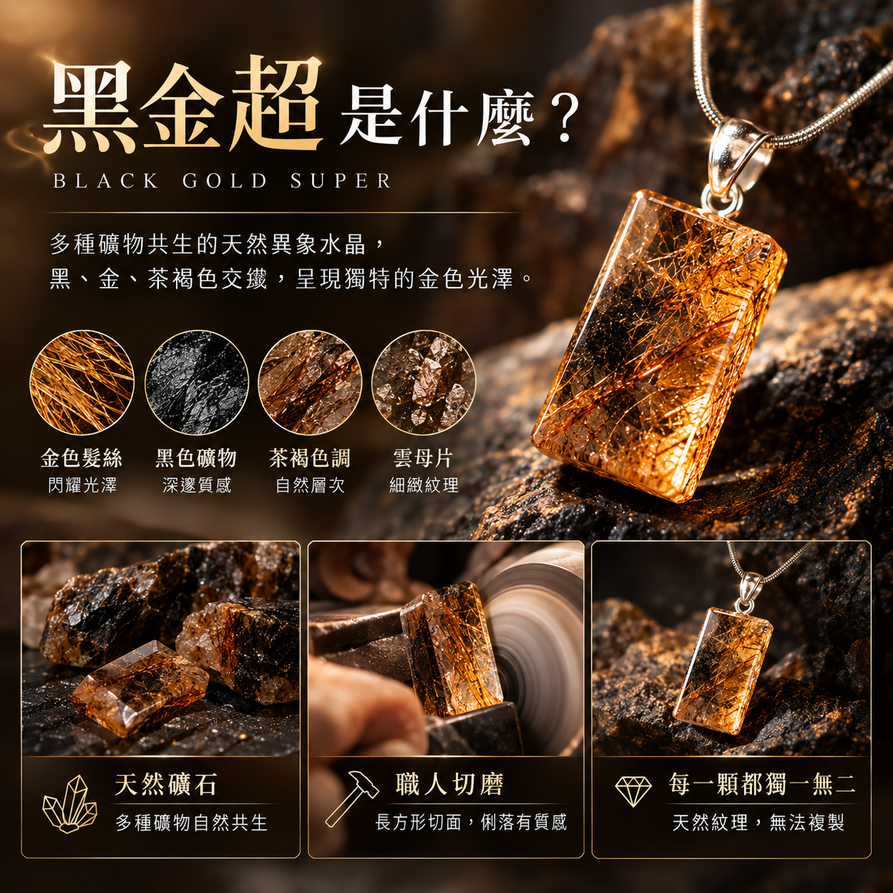 黑金超是什麼｜天然黑金超吊墜 金色髮絲黑色礦物茶褐色雲母共生水晶介紹圖