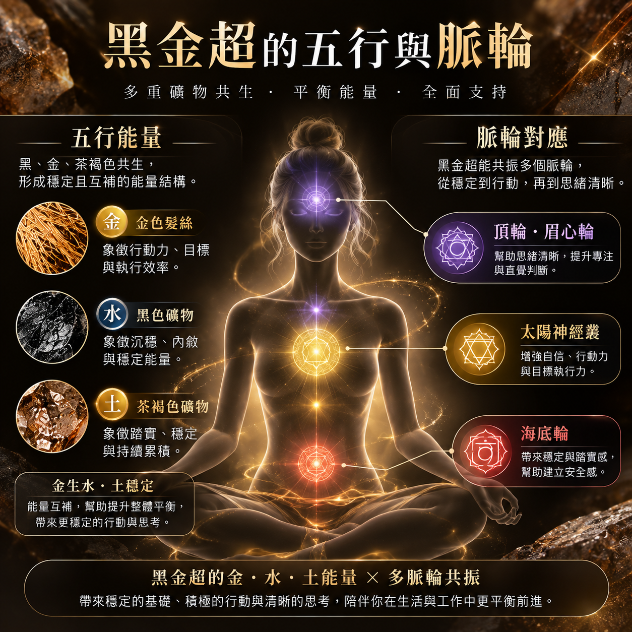 黑金超五行脈輪｜天然黑金超金水土五行屬性 海底輪、太陽神經叢與頂輪對應介紹圖