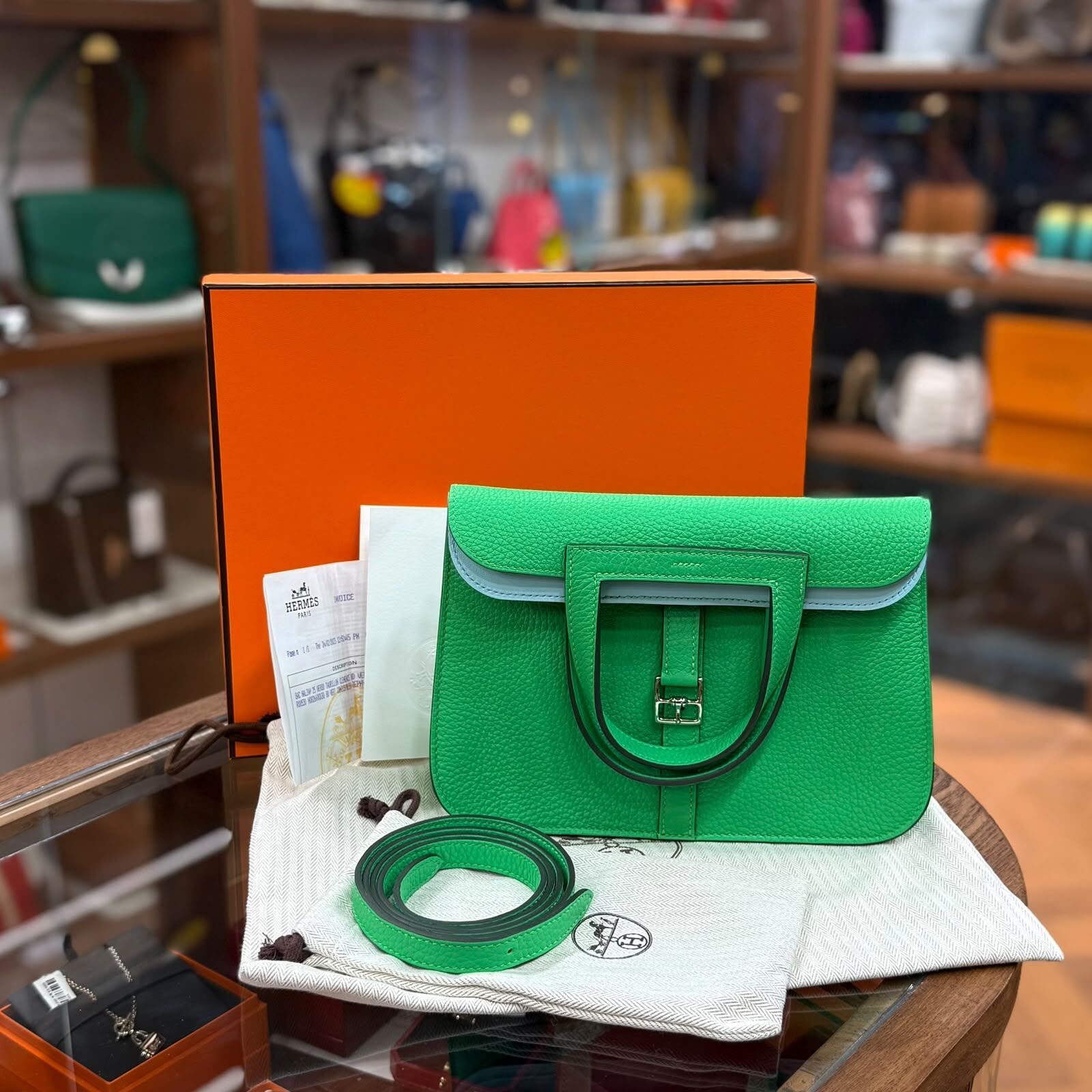 全新HERMES HANLZAN 25 漫畫綠拼微風藍TC皮 VERT COMICS/BLUE ZEPHYR PHW ,B刻 #愛馬仕