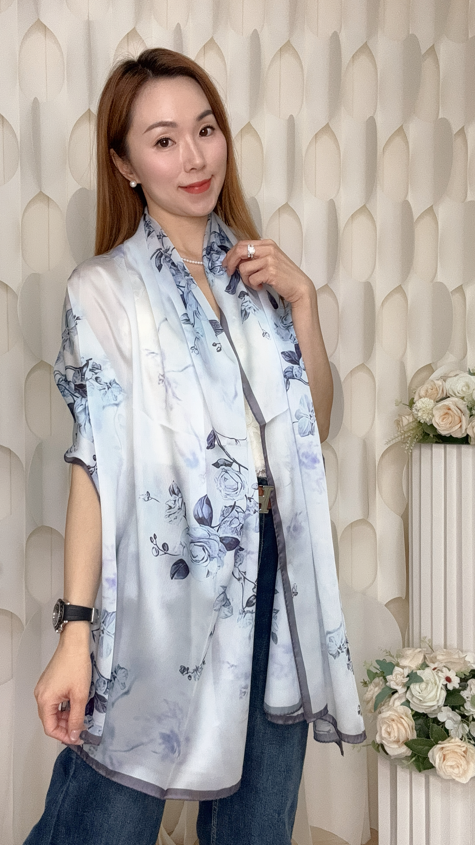 (C1) 100%真絲印花披肩 (185CMX85CM) #HY31#3009