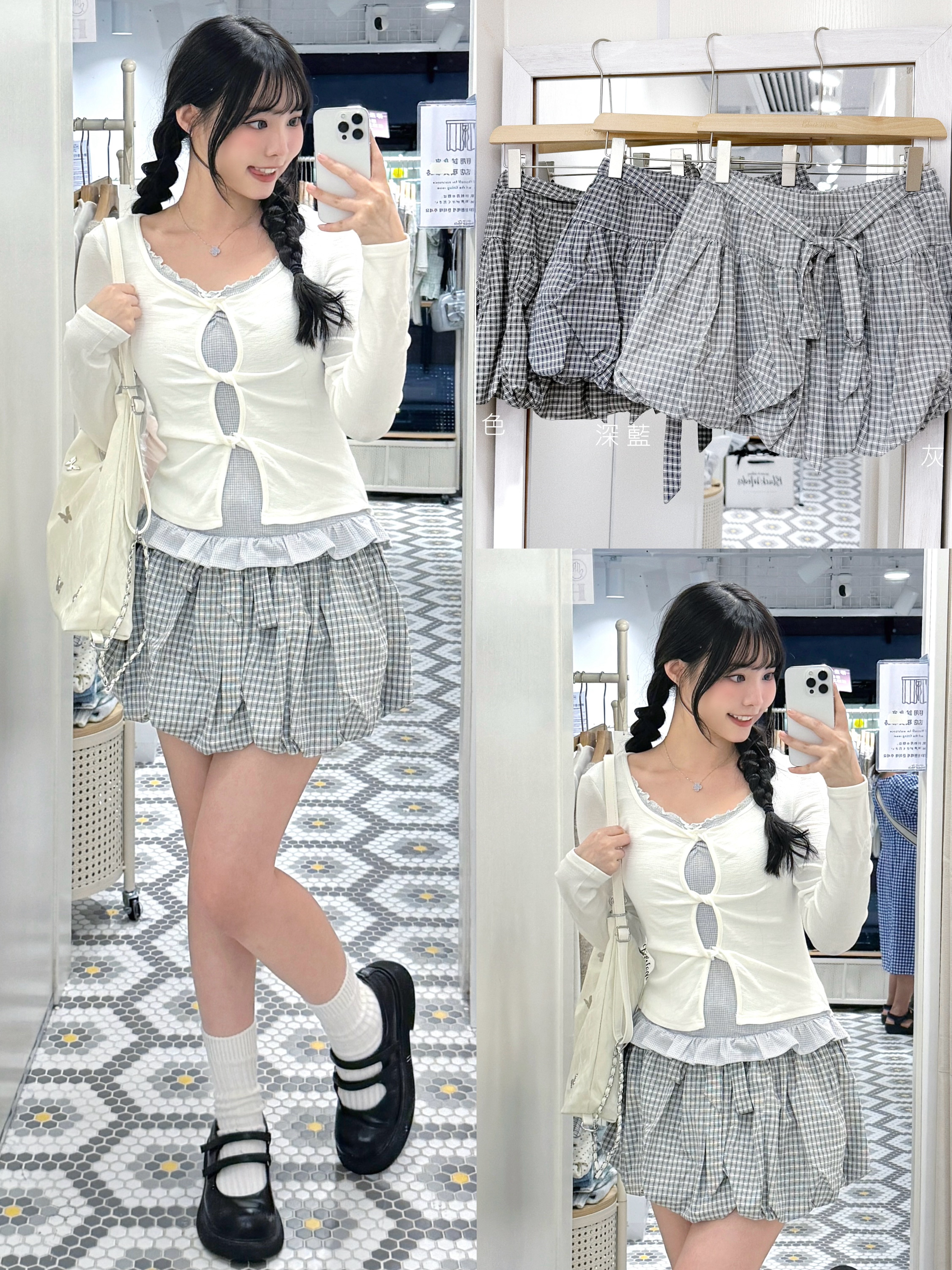 D0610｜格紋綁帶蝴蝶結泡泡短裙褲 .✦ ݁˖