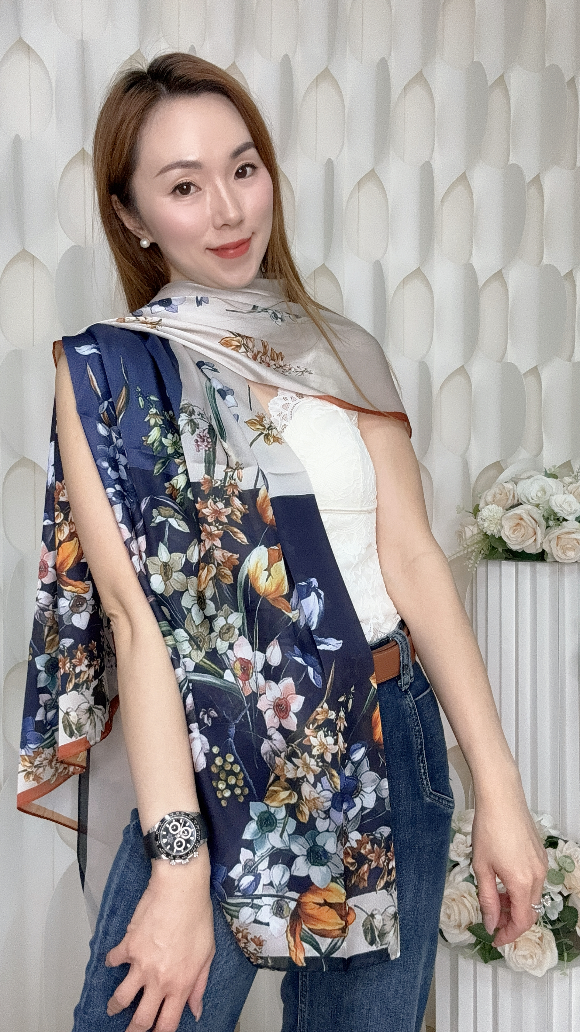 (D1) 100%真絲印花披肩  (185CMX85CM) #HY33#3009