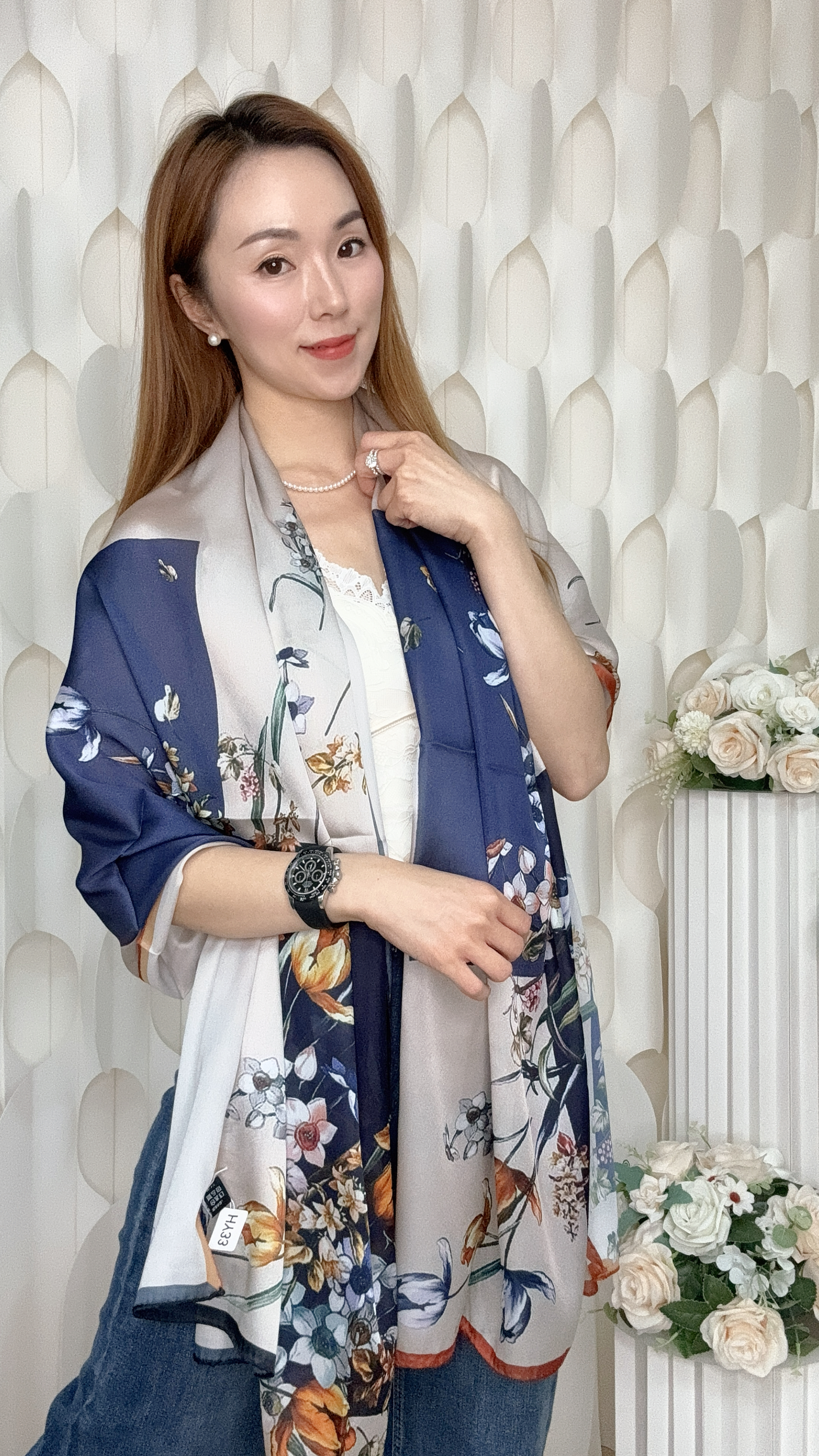 (D1) 100%真絲印花披肩  (185CMX85CM) #HY33#3009