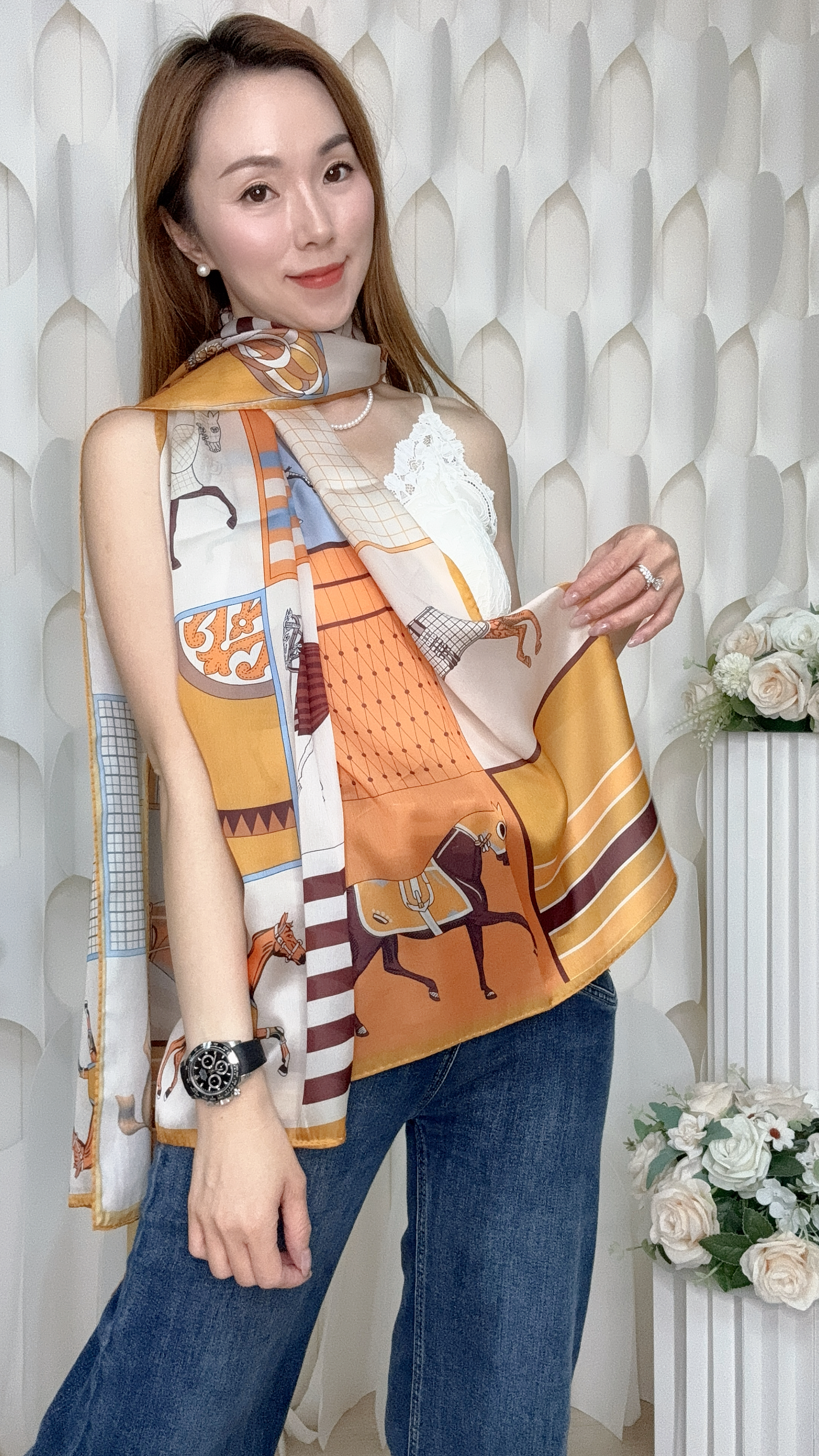 (E1) 100%真絲印花披肩  (185CMX85CM) #HY34#3009