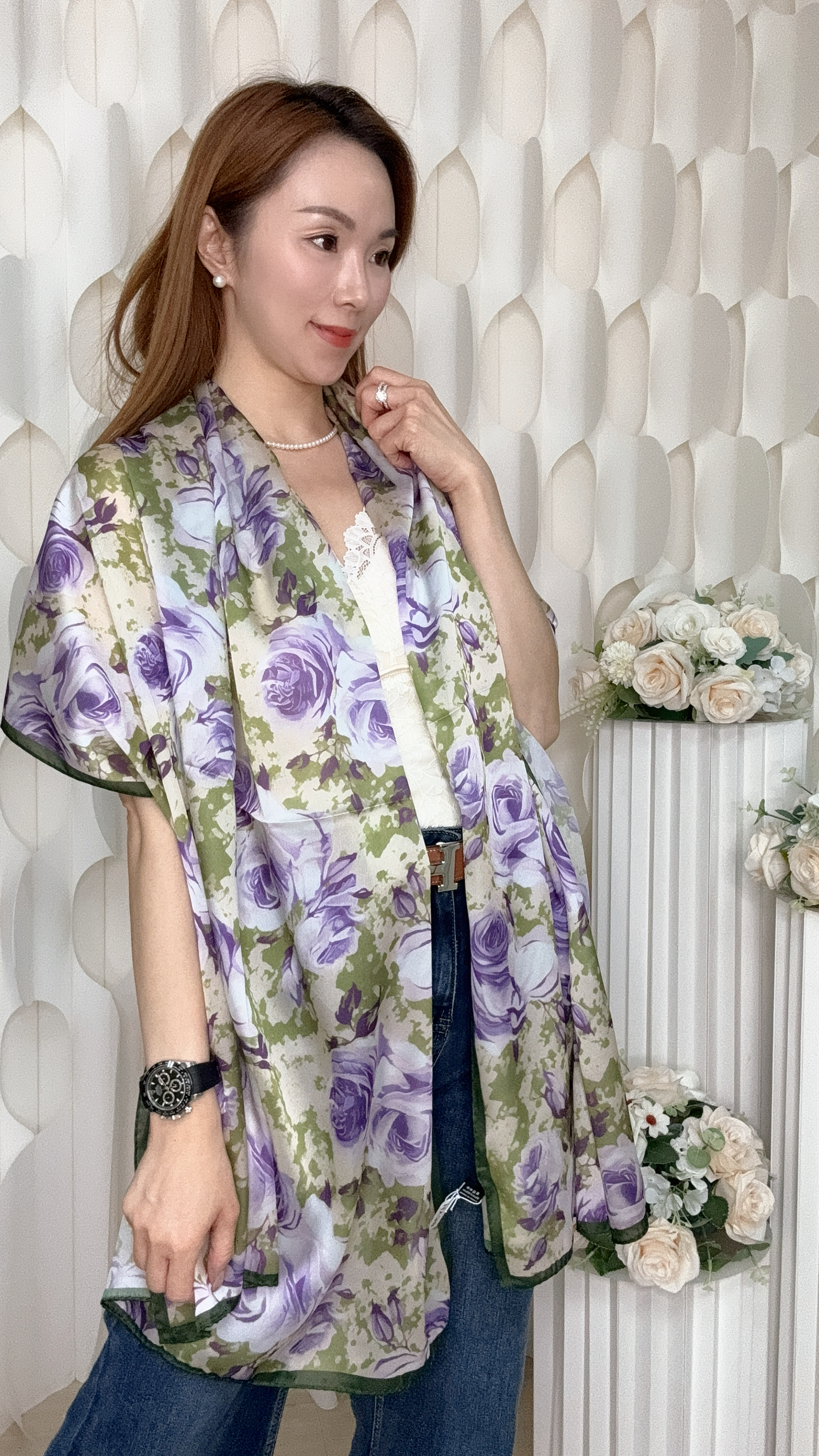 (F1) 100%真絲印花披肩  (185CMX85CM) #HY38#3009