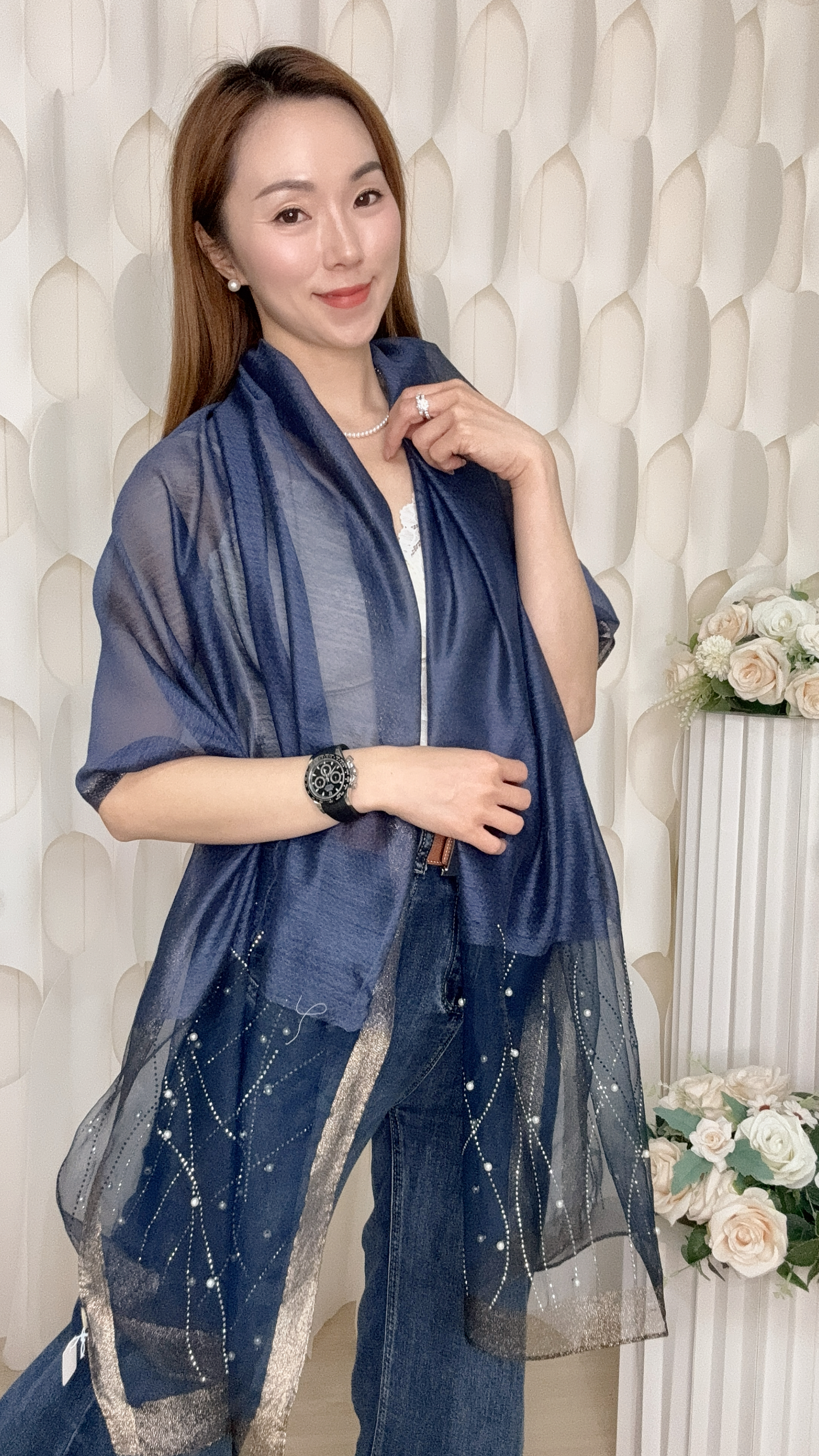 (S) 真絲羊毛珍珠燙石手工披肩 (180CMX65CM) #HY74#3009