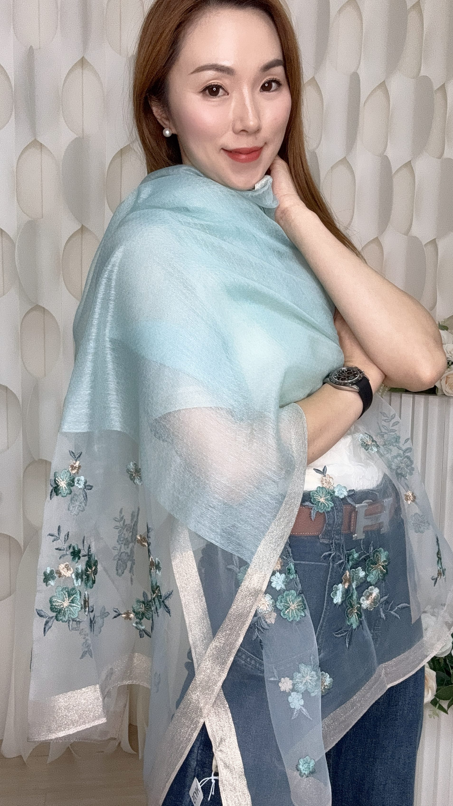 (T) 真絲羊毛手工刺繡花披肩(180CMX65CM) #HY75#3009