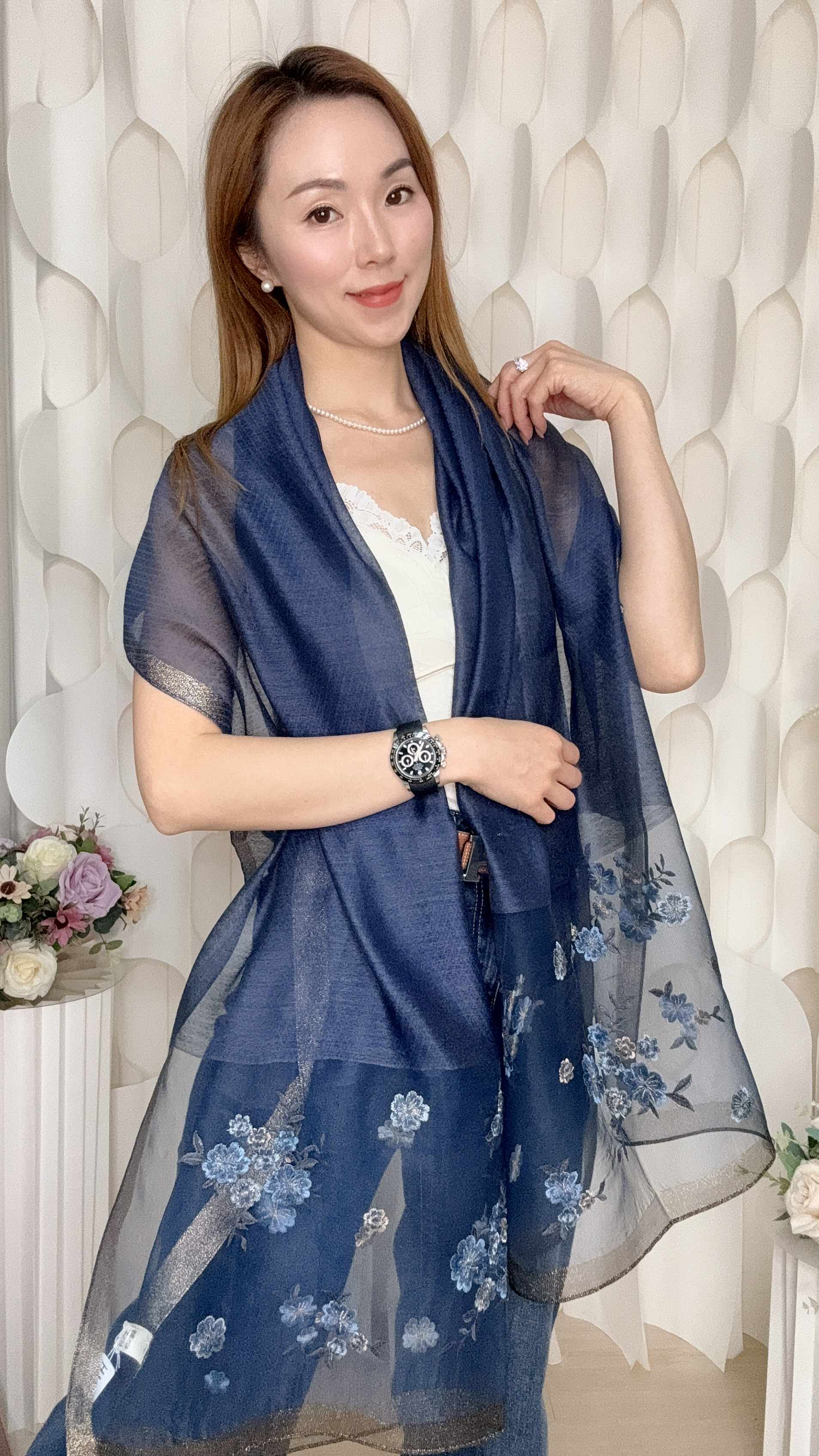 (T) 真絲羊毛手工刺繡花披肩(180CMX65CM) #HY75#3009