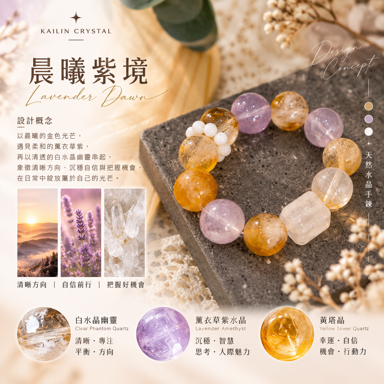 晨曦紫境天然水晶手鍊設計概念,白水晶幽靈、薰衣草紫水晶與黃塔晶搭配|KAILIN CRYSTAL