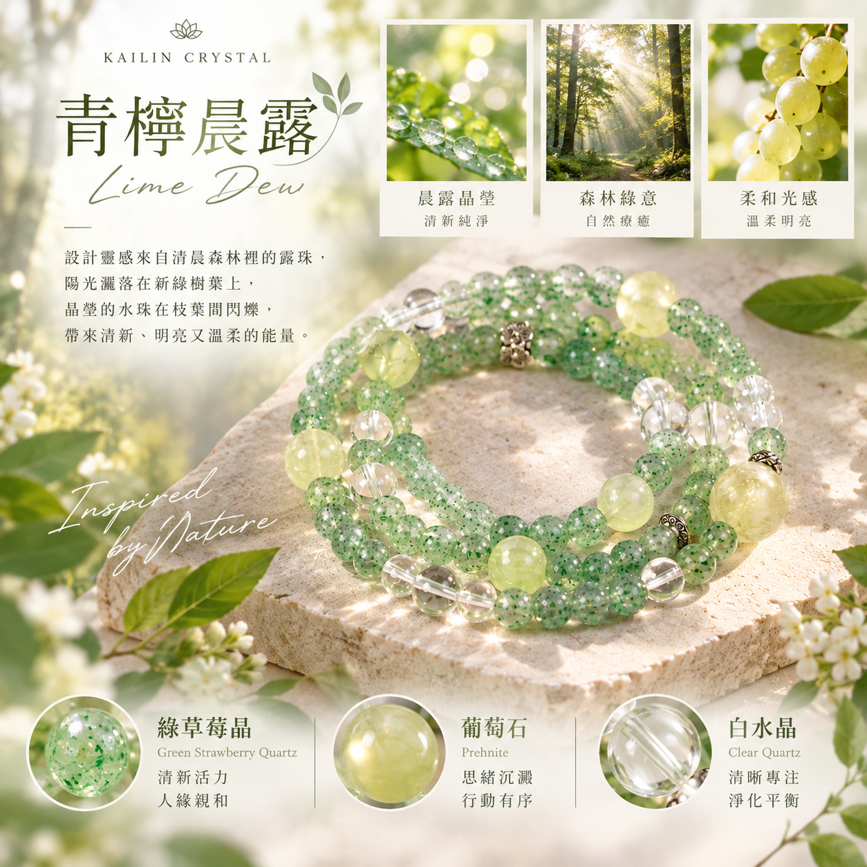 綠草莓晶葡萄石白水晶三圈天然水晶手鍊|青檸晨露 Lime Dew 清新綠色系設計概念