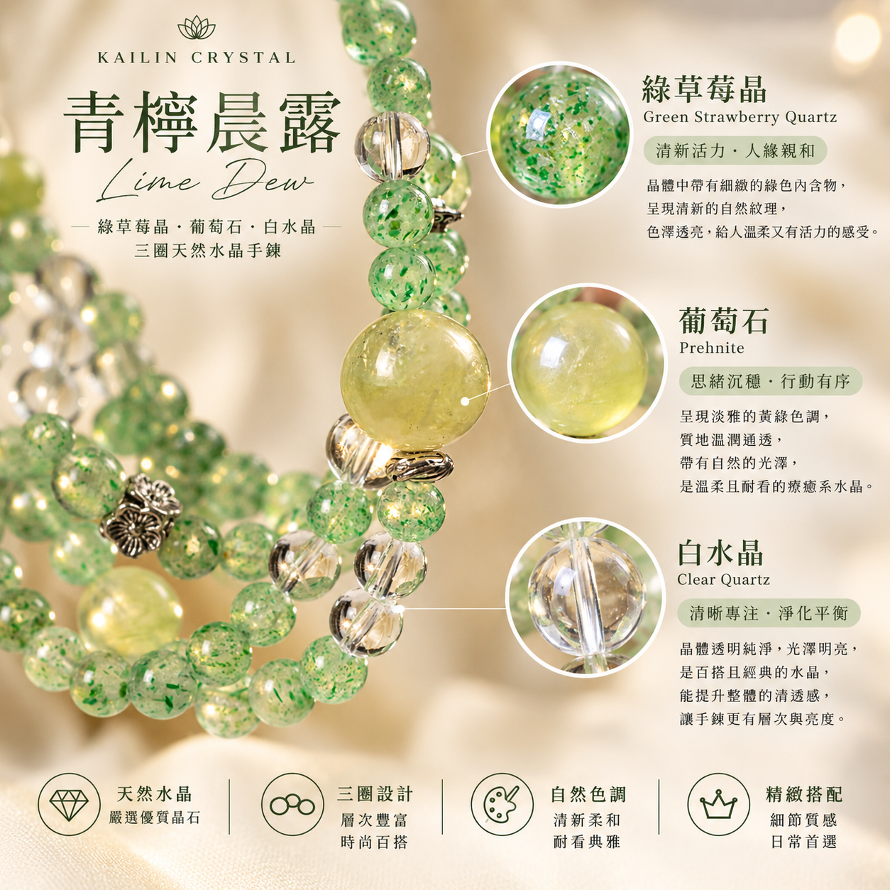 綠草莓晶葡萄石白水晶三圈天然水晶手鍊材質介紹|青檸晨露 Lime Dew 水晶特色與設計細節