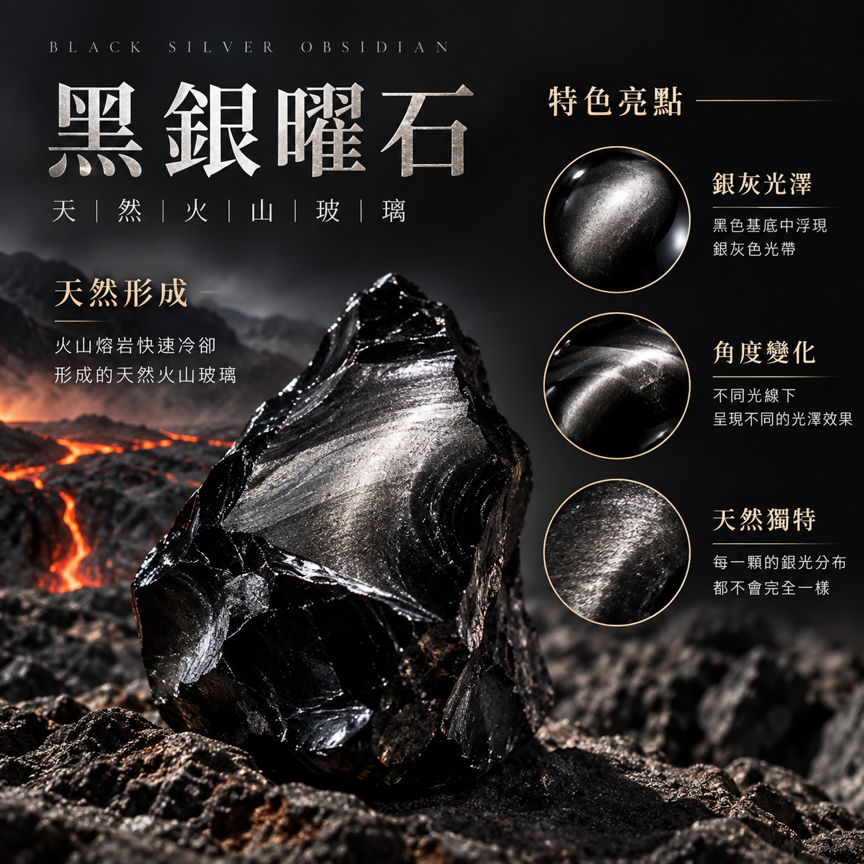 黑銀曜石介紹圖｜天然黑銀曜石火山玻璃礦石 銀灰光澤特色說明圖