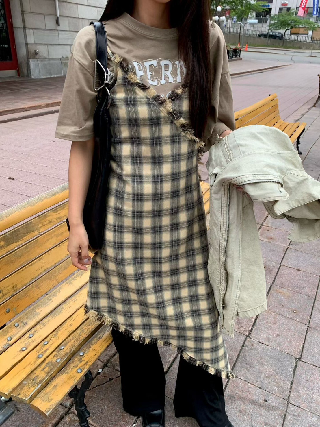 格子吊帶流蘇不規則長洋裝
