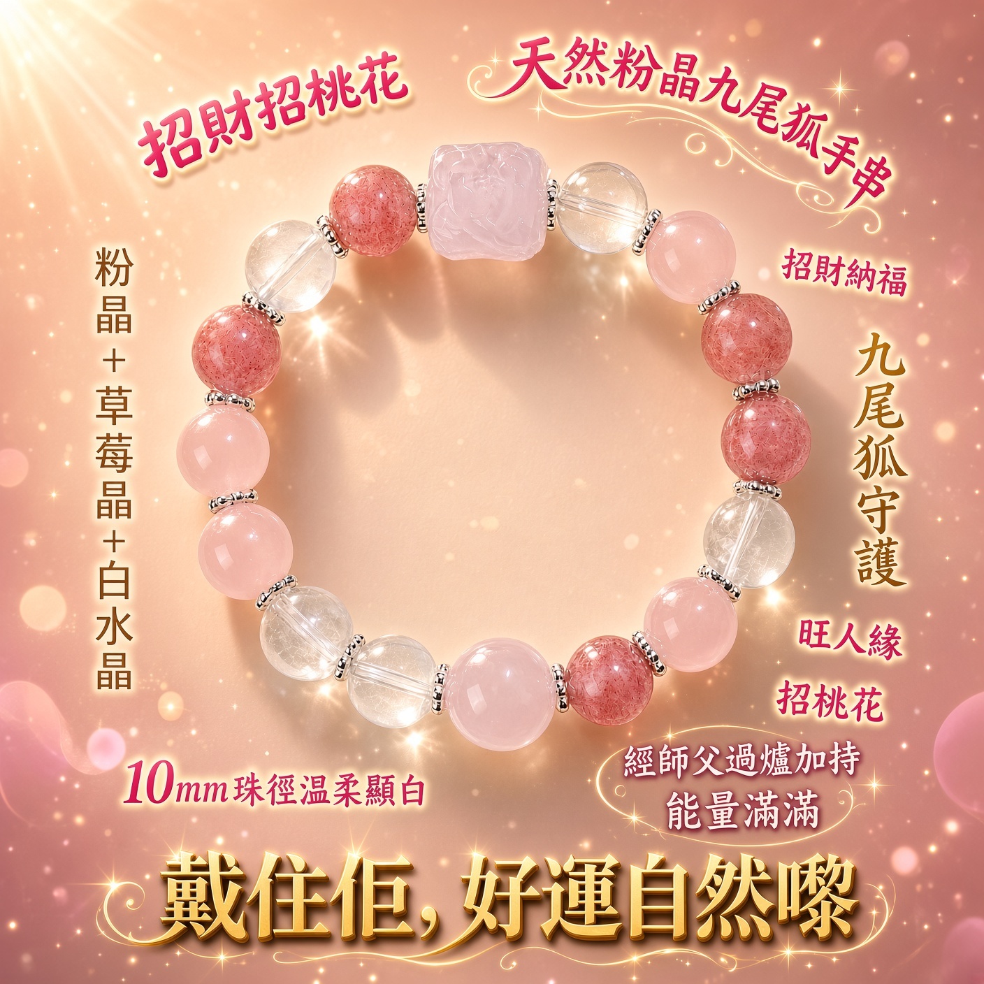 天然粉晶九尾狐手串