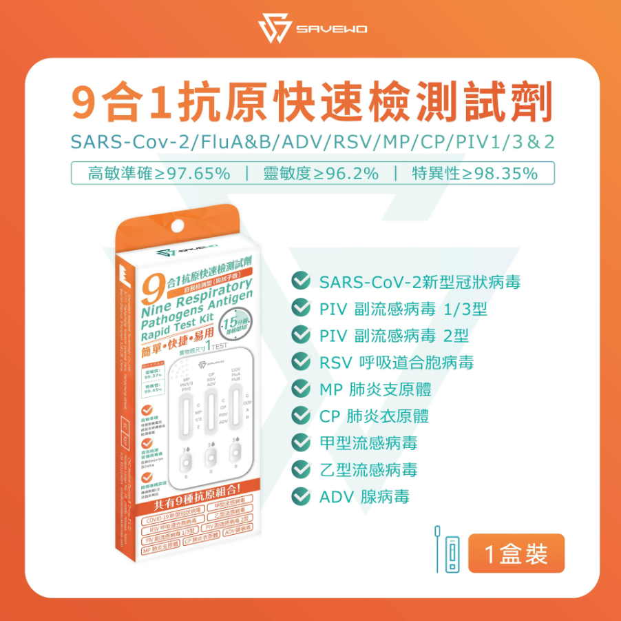 DR260930-D26-救世 - 9合1抗原快速檢測試劑 新冠病毒/衣原體/支原體/合胞病毒/腺病毒/副流感1/3型,2型/甲流/⼄流*1盒