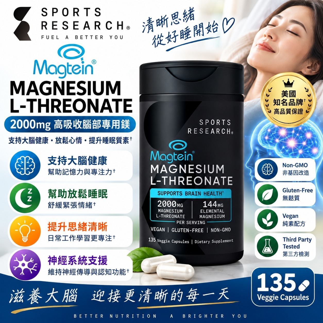 【直播】Sports Research LX100146 鎂L-蘇糖酸鎂膠囊 2000mg  (135粒裝)