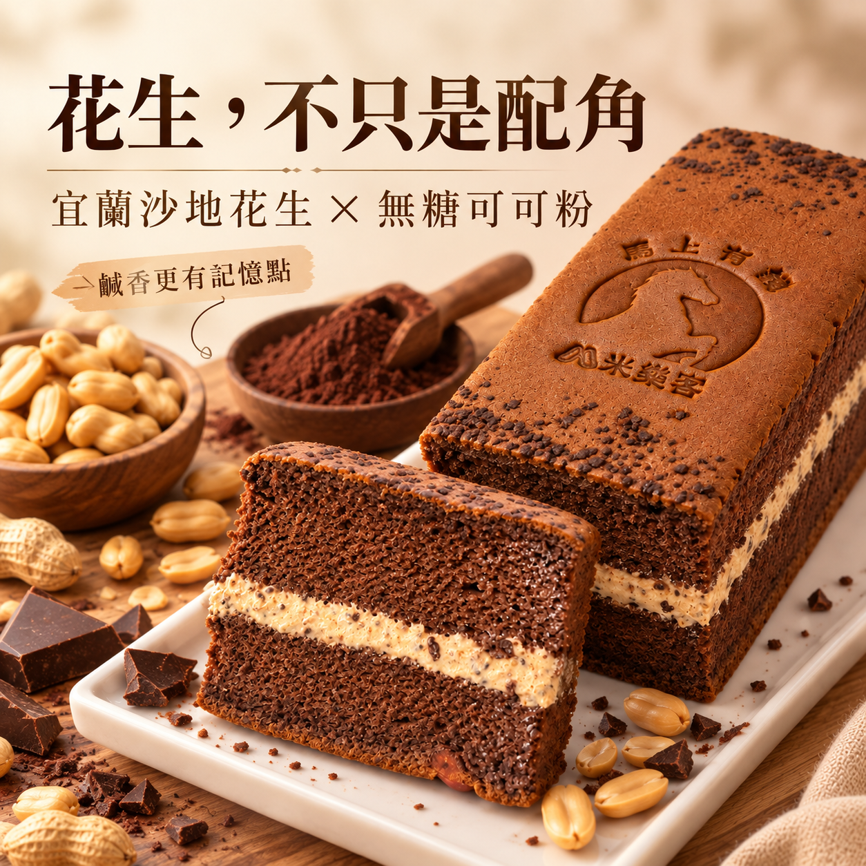 米樂客金莎巧克力米蛋糕搭配花生與可可原料情境圖,突顯宜蘭沙地花生與無糖可可粉的特色