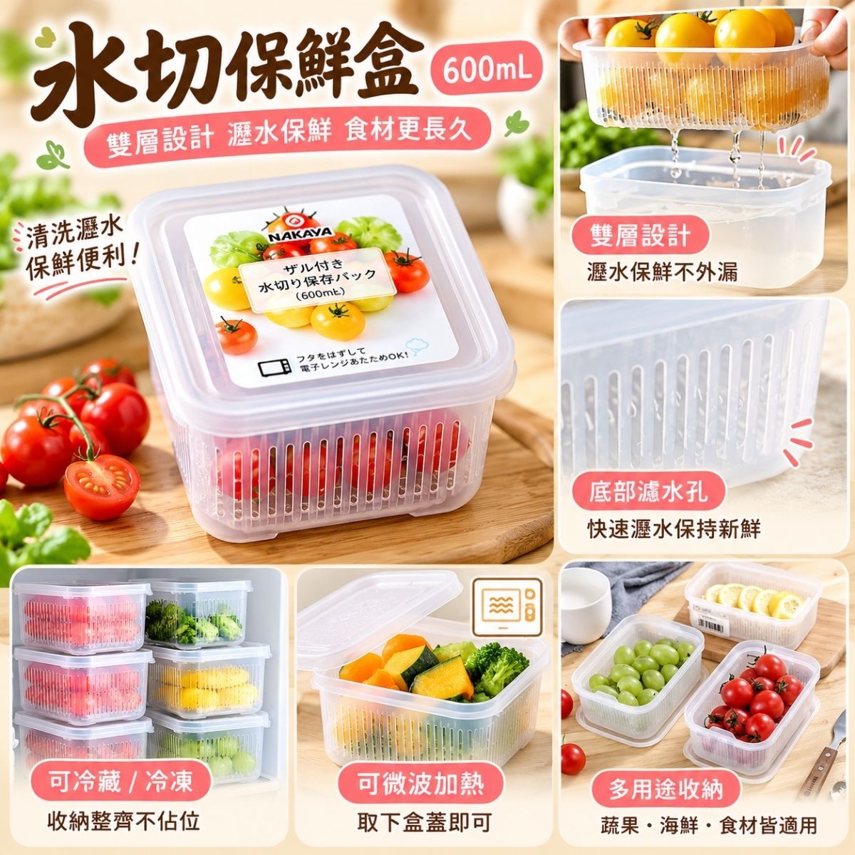 日本製瀝水保鮮盒600ml/1.1L｜雙層蔬果保鮮盒 瀝水盒 冰箱收納盒【輕鬆購五金百貨】