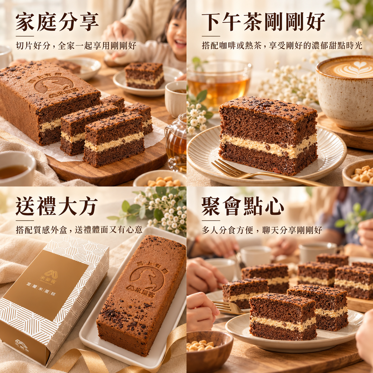 米樂客金莎巧克力米蛋糕情境圖，呈現家庭分享、下午茶剛剛好、送禮大方與聚會點心等適合場景。