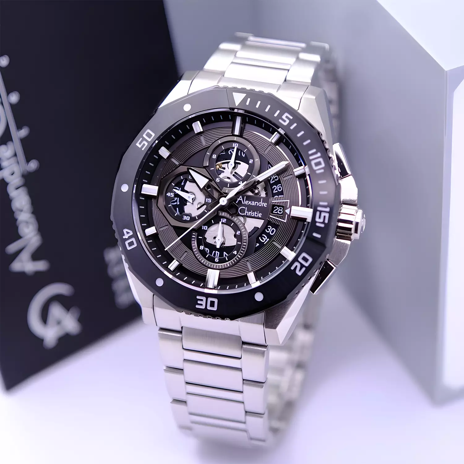 萬年鐘錶 - Alexandre Christie  6679MC系列  粗獷細膩三眼計時不鏽鋼男錶 6679MCBTBBA  錶徑44MM