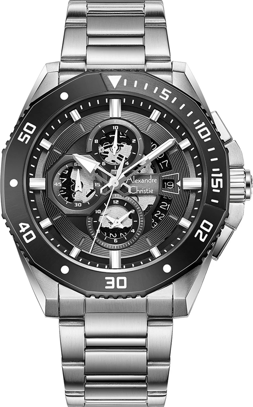 萬年鐘錶 - Alexandre Christie  6679MC系列  粗獷細膩三眼計時不鏽鋼男錶 6679MCBTBBA  錶徑44MM