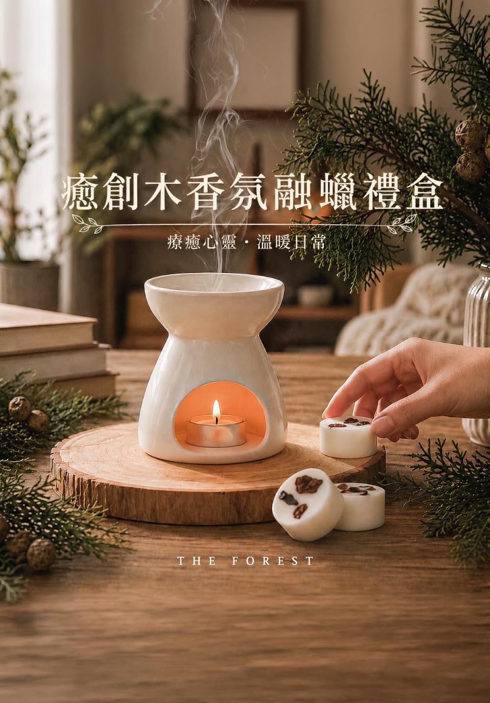 THE FOREST｜癒創木香氛融蠟禮盒 4入香氛蠟塊+融蠟燭燈