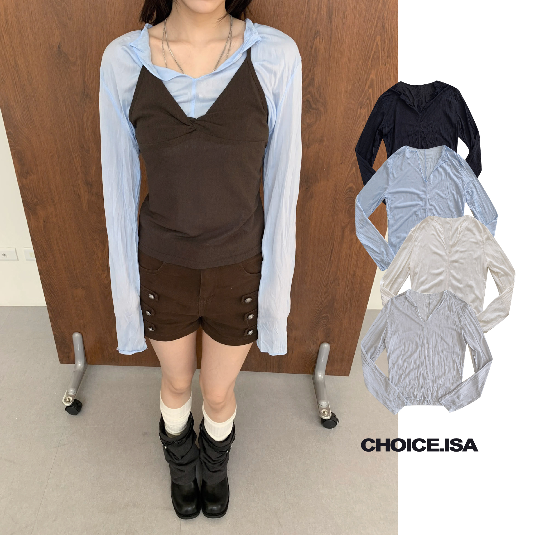 ISA_多層次美品 皺皺感波紋小翻領透膚上衣_68033