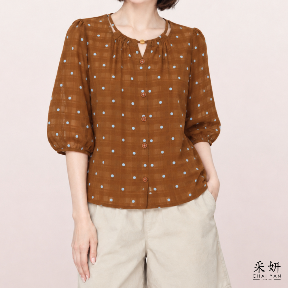 圓點格紋混紡半袖上衣