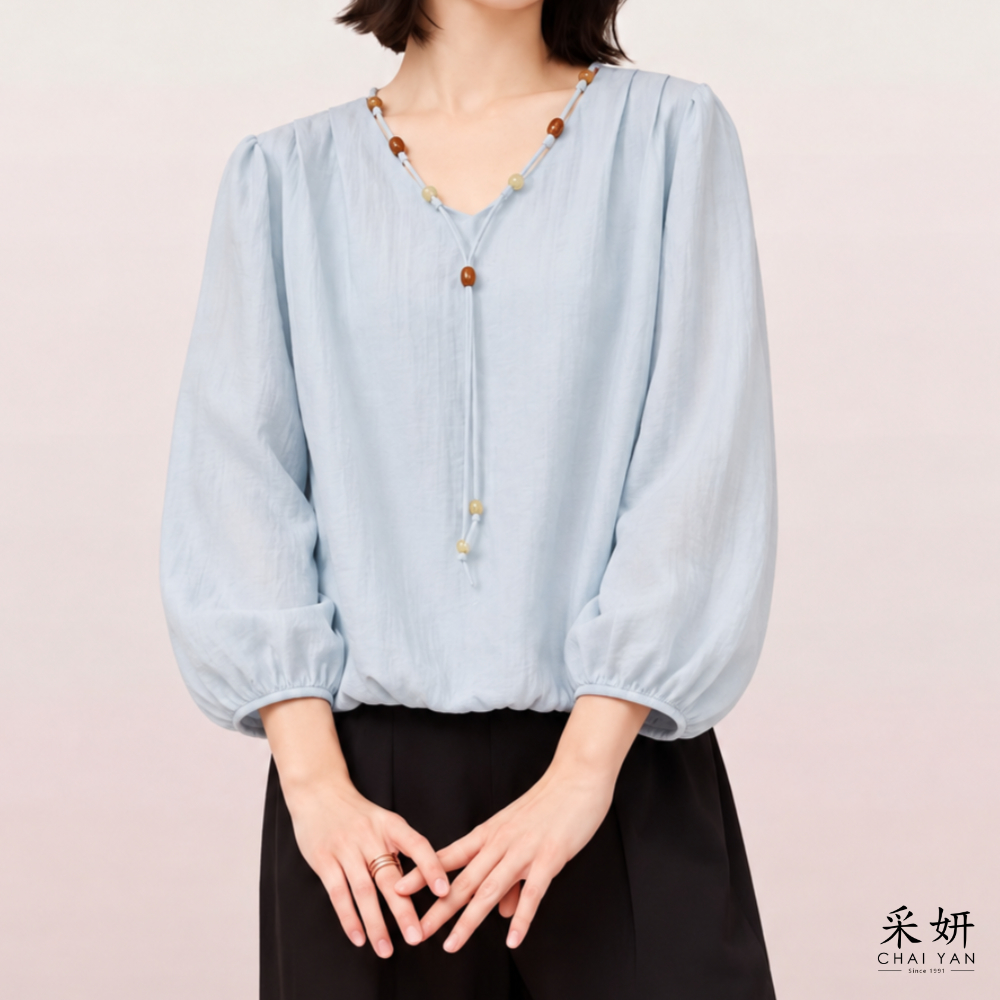 素面串珠混紡長袖上衣