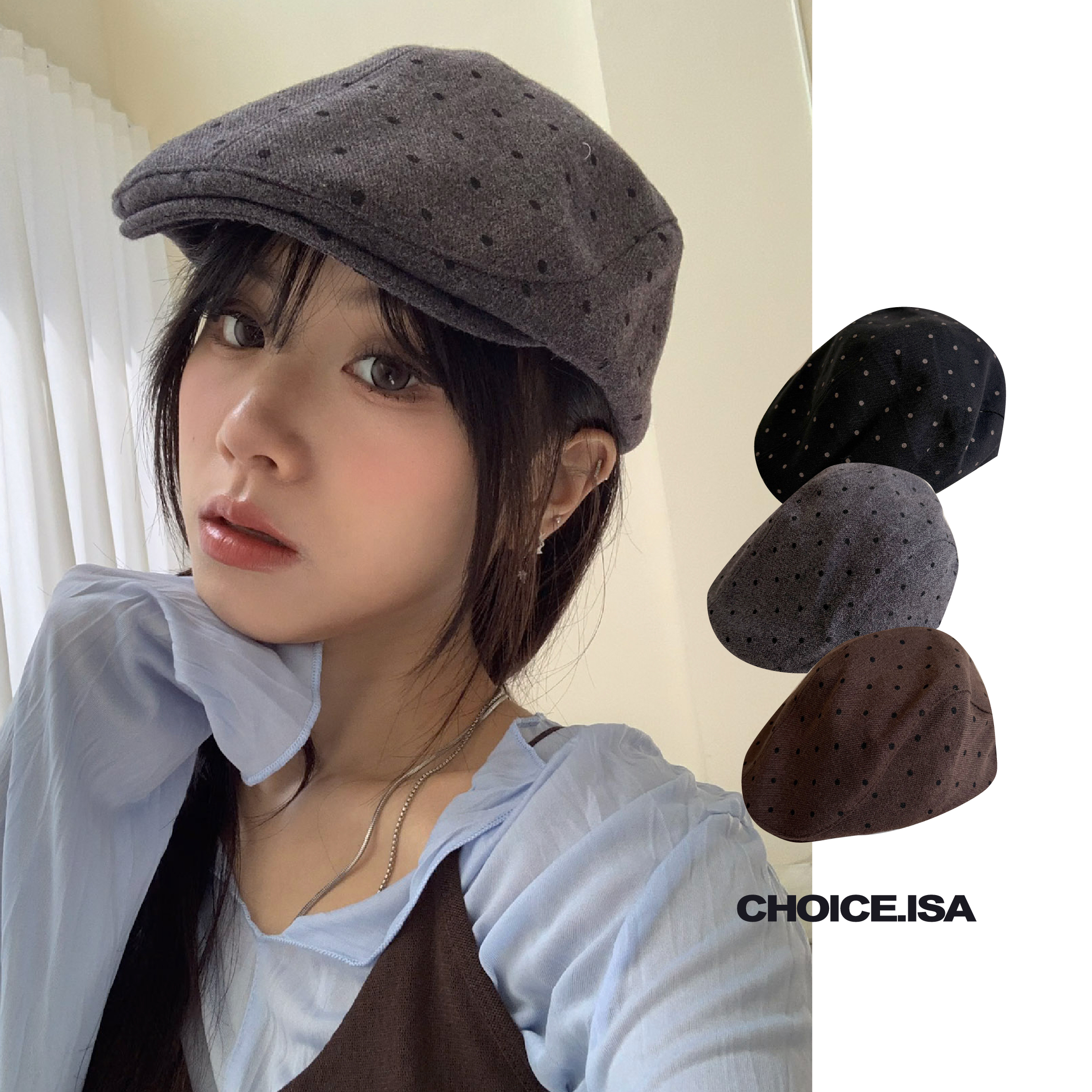ISA_持續愛上波點! 微毛呢後壓扣小偷帽_68043