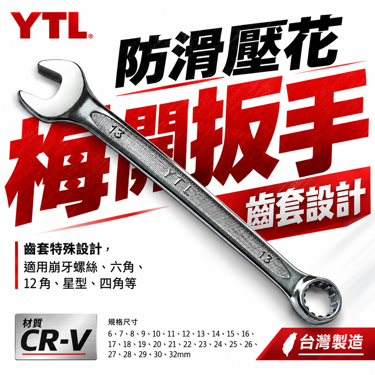 YTL 台灣製｜薄型梅花開口板手 防滑壓花梅開扳手 電鍍表面齒套板手 適用崩牙六角 12角 星型 四角螺絲