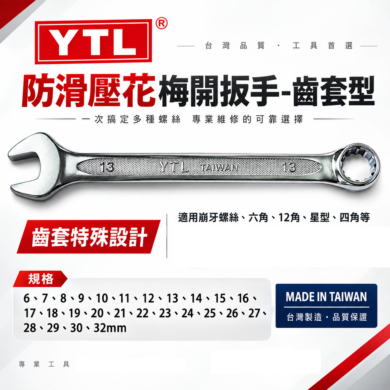YTL 台灣製｜薄型梅花開口板手 防滑壓花梅開扳手 電鍍表面齒套板手 適用崩牙六角 12角 星型 四角螺絲
