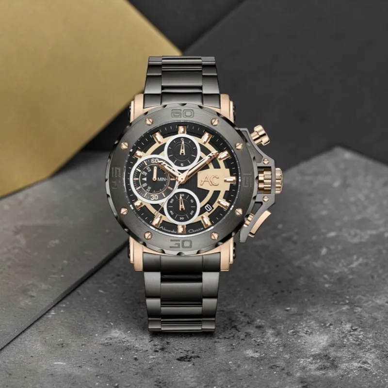 萬年鐘錶 - Alexandre Christie  9205MC系列  霸氣全黑玫瑰金三眼計時男錶 9205MCBGCBA 錶徑47MM