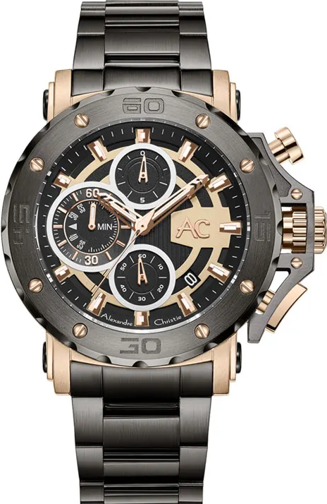 萬年鐘錶 - Alexandre Christie  9205MC系列  霸氣全黑玫瑰金三眼計時男錶 9205MCBGCBA 錶徑47MM