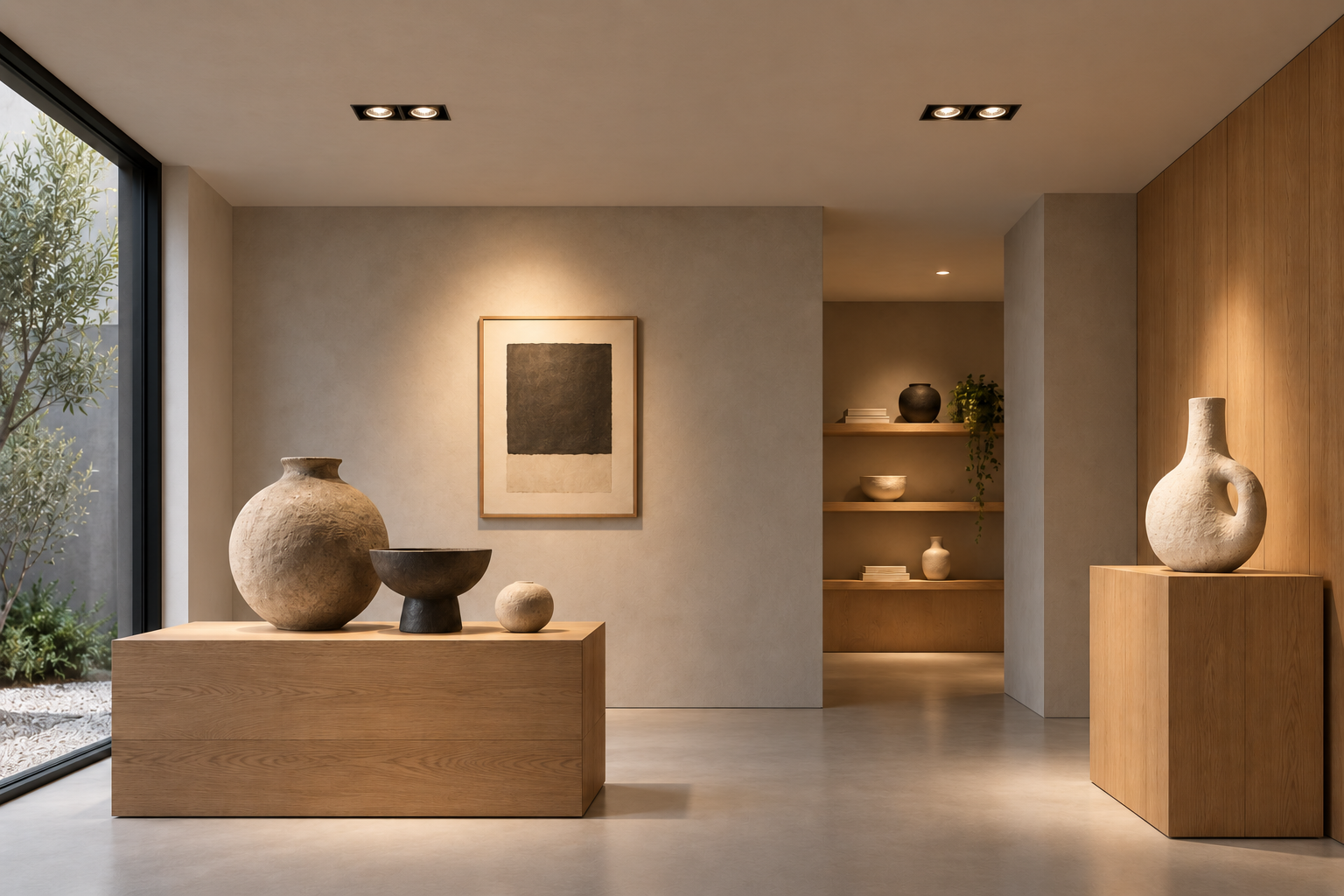 空間光影示意:展示空間,在展示檯與陳列物之間安排局部焦點,讓空間保有清楚的主次;非實際安裝案例或照明實測