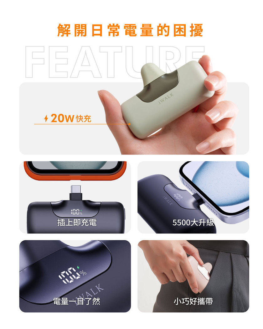 iWALK 六代口袋行動電源使用情境圖,呈現產品因應日常手機電量需求的使用方式