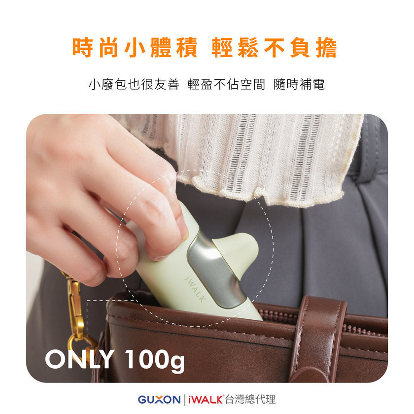 iWALK 六代口袋行動電源小巧機身收納示意,展示產品可放入小型包包的攜帶方式