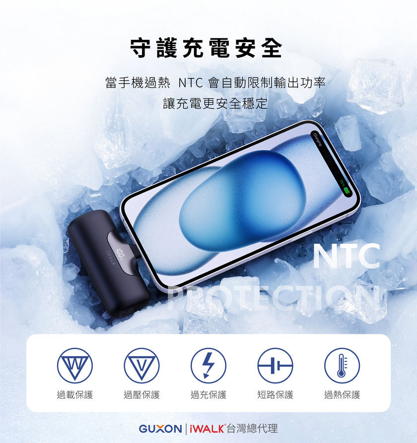 iWALK 六代口袋行動電源 NTC 保護功能說明圖,展示產品充電保護設計