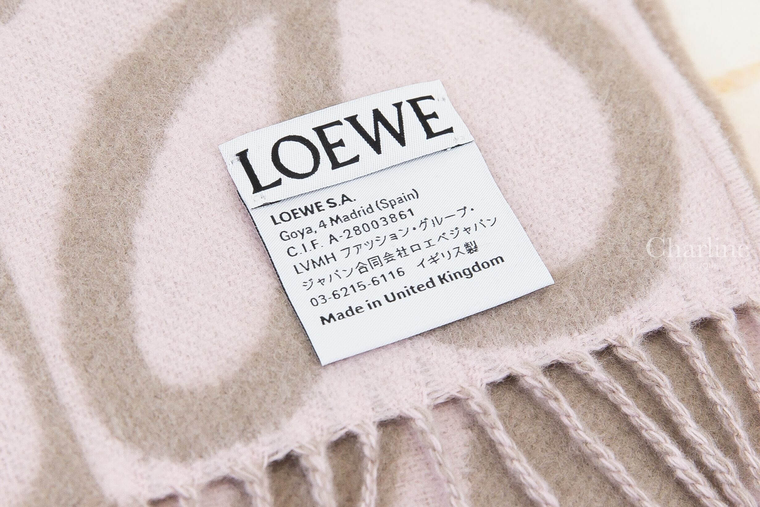 Loewe Scarf In Wool And Cashmere 淺粉色/米色Anagram雙面羊毛混喀什米爾流蘇圍巾 LOEWE品牌標籤與英國製造標示