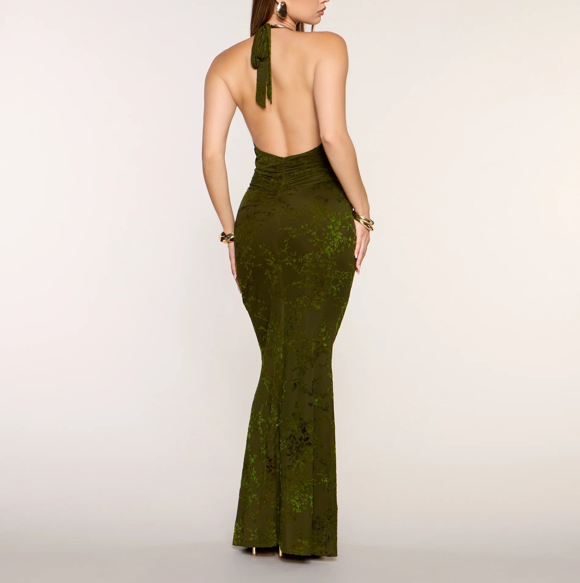 Olive橄欖綠色燒花露背Maxi Dress