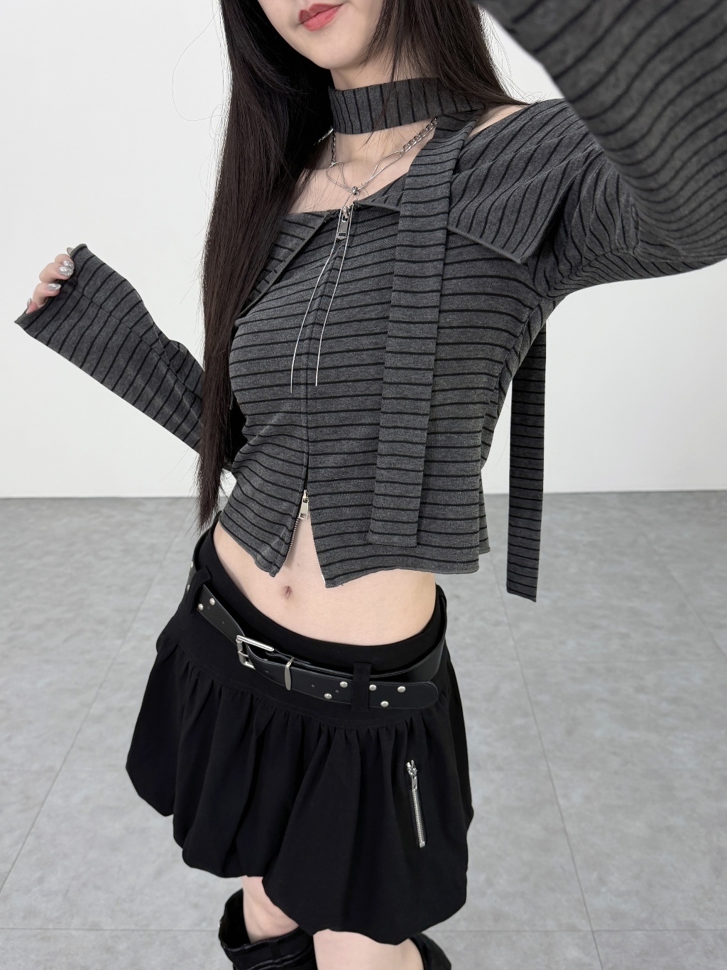 A0476-A14 條紋大翻領平口上衣 附脖帶