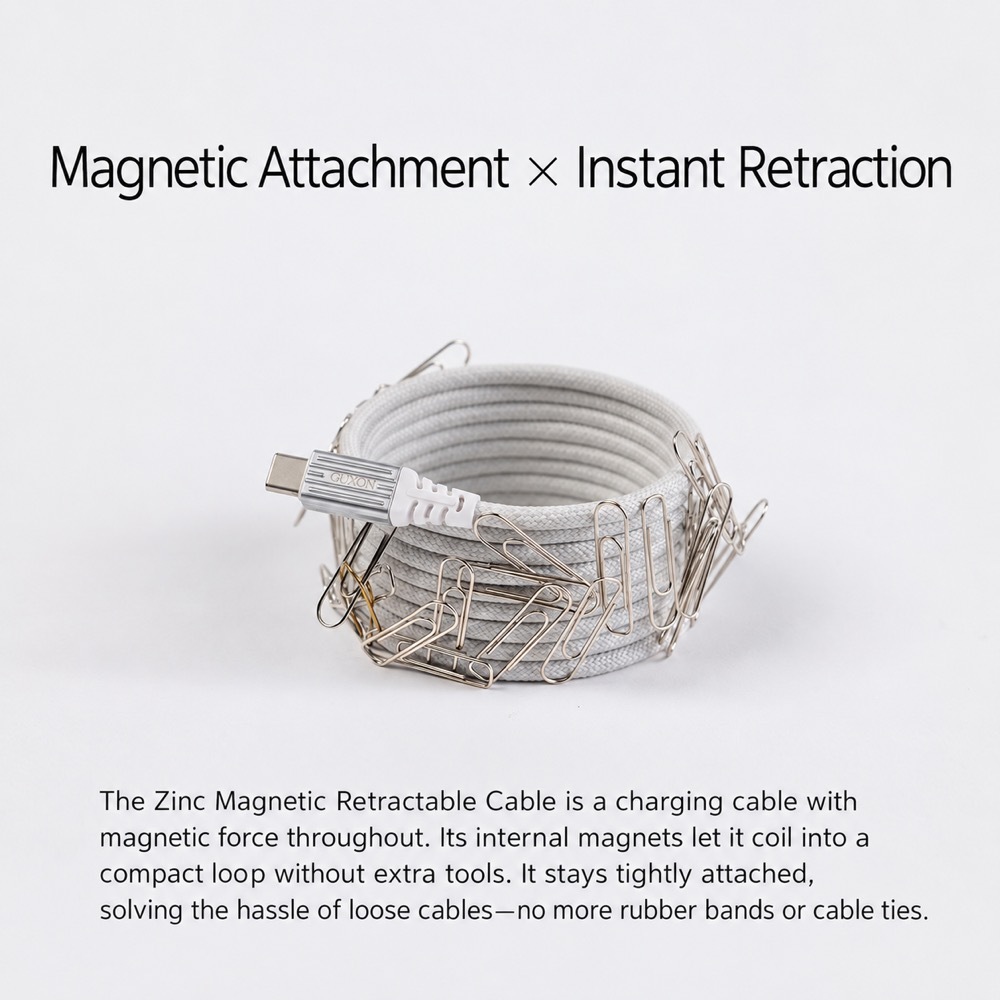 Zinc Magnetic Retractable Cable coiled into a compact loop held together by its own magnetic force