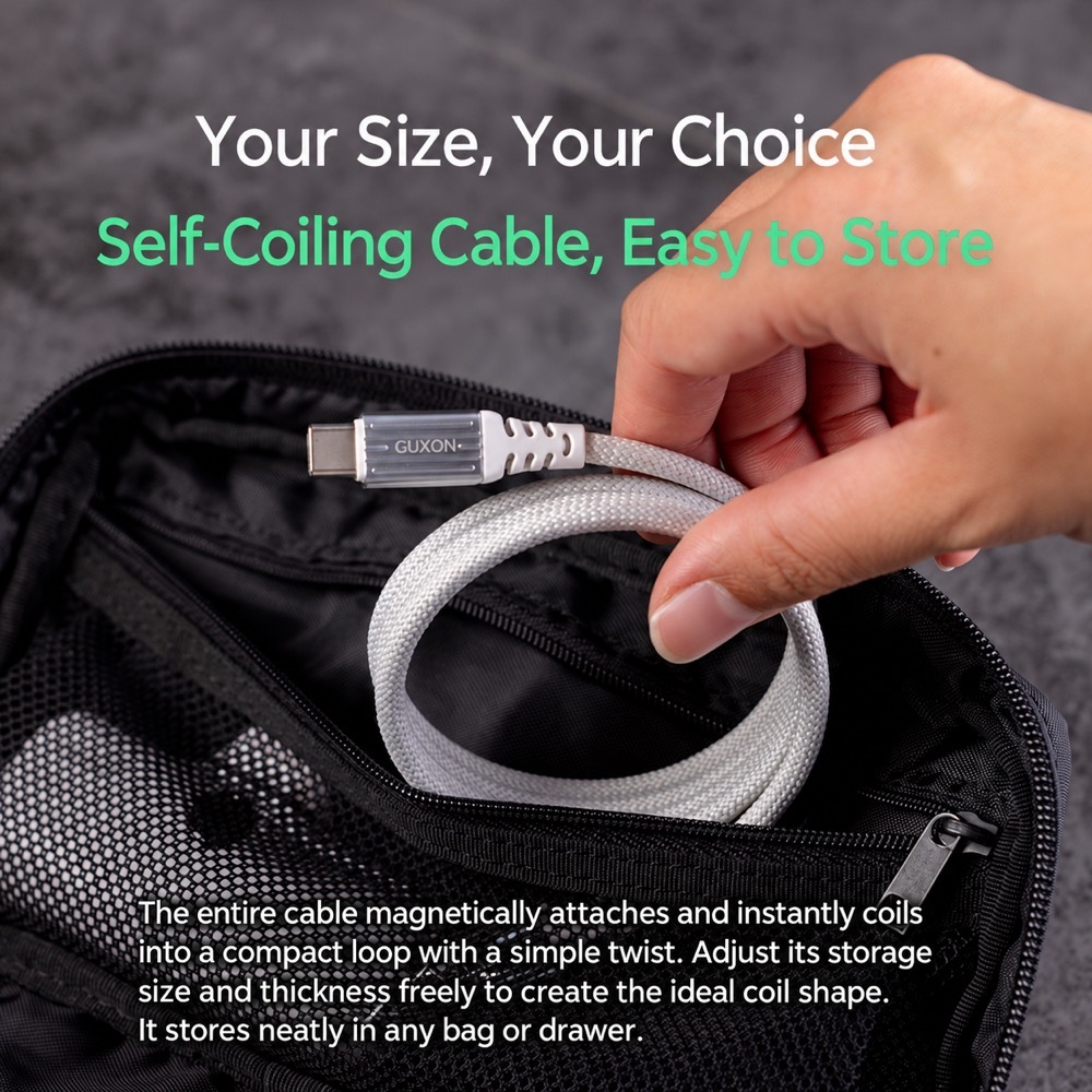 GUXON magnetic cable coiled to a custom size and stored in a travel pouch