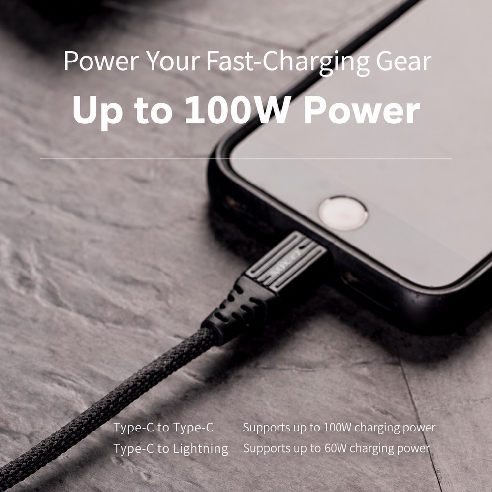 GUXON 100W cable charging a smartphone, Type-C to Type-C up to 100W and Type-C to Lightning up to 60W
