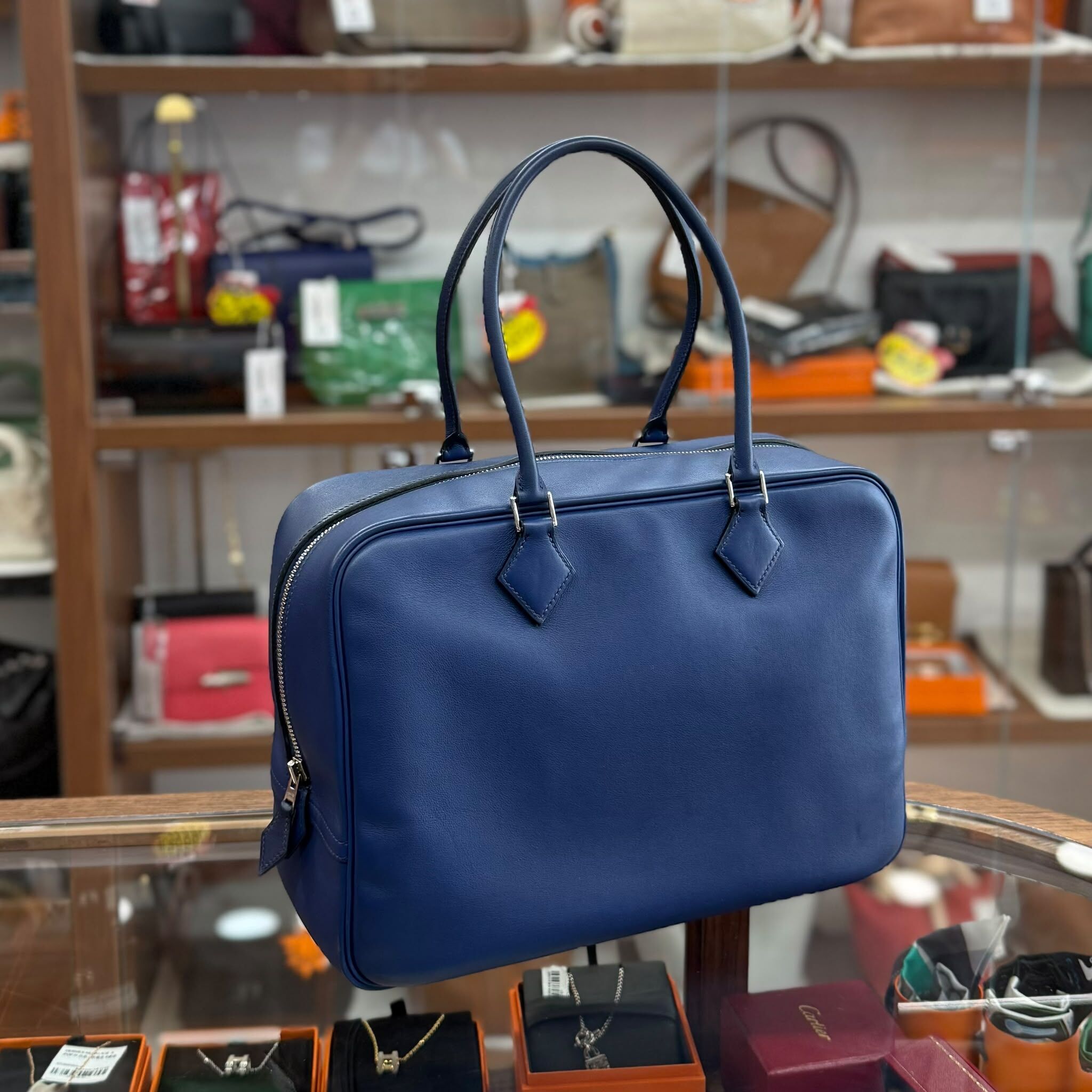90%NEW USED HERMES PLUME 32 海軍藍,銀扣EVERCOLOR ,7U NAVY PHW,T刻#愛馬仕